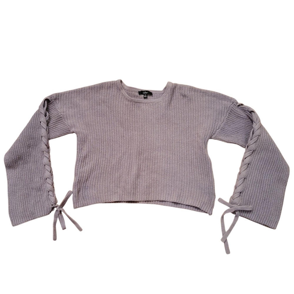 Lulus M Cropped Sweater Gray Lace Up Braided Sleeve Shaker Knit Relaxed Boxy